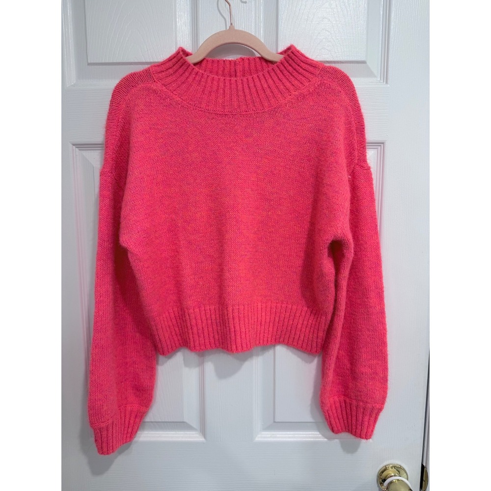 American Eagle Neon Pink Mock Neck Cropped Sweater XS Marl Knit Pullover